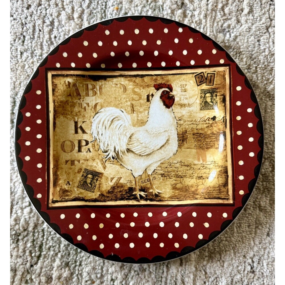 Ceramic Decorative Sakura Stoneware Plate Retro Rooster Polka Dot Red White